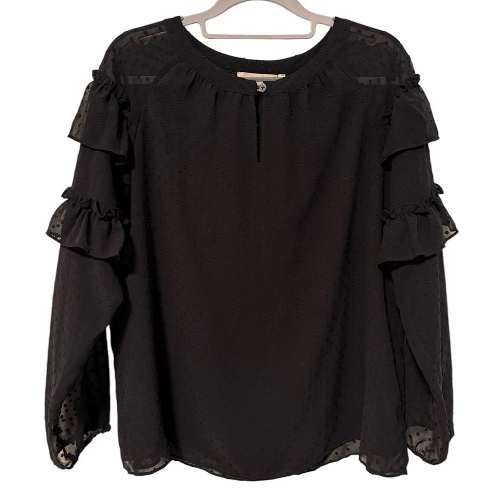 Loft Swiss Dot Layered Ruffle Long Sleeve Keyhole Blouse Black Chiffon Small